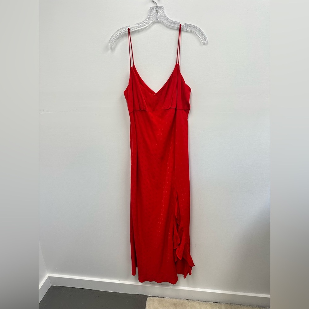 ⛔️SOLD⛔️Zara Red Satin Polka Dot Ruffle Leg Slit Spaghetti Strap Slip Dress Siz - Picture 7 of 9